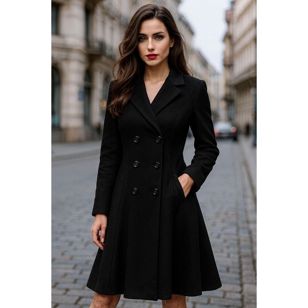 NWT Aptro Women's A-line Wool blend Pea Coat Sz L black Trench Classic Preppy Wo